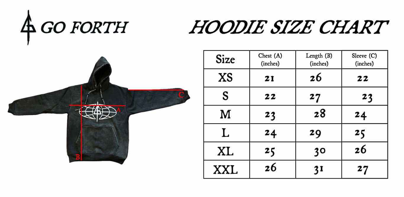 size chart | Premium BJJ Hoodie | The Forever Hoodie | Go Forth Forever